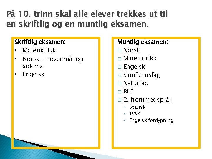 På 10. trinn skal alle elever trekkes ut til en skriftlig og en muntlig