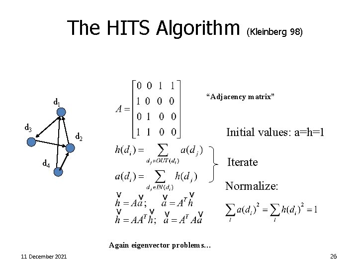 The HITS Algorithm “Adjacency matrix” d 1 d 3 (Kleinberg 98) Initial values: a=h=1