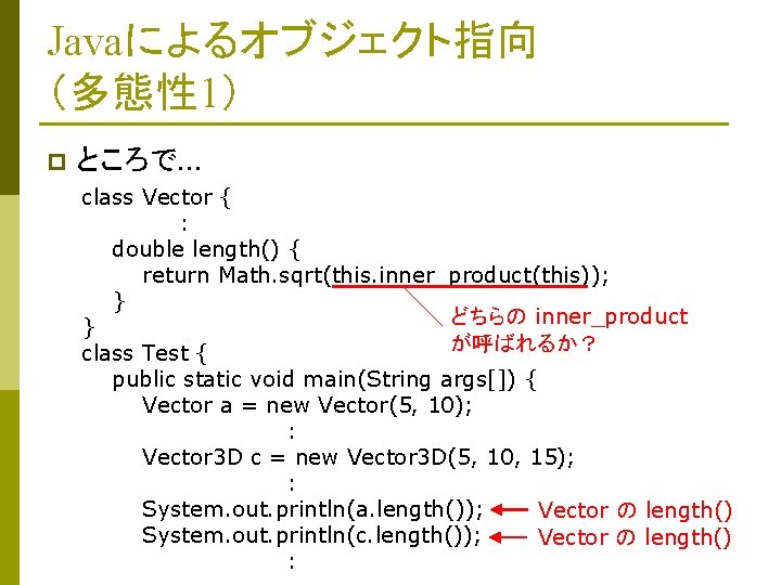 Javaによるオブジェクト指向 （多態性 1） p ところで… class Vector { : double length() { return Math.