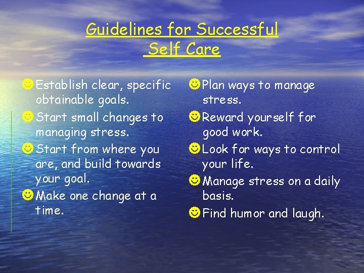 Guidelines for Successful Self Care ☻ Establish clear, specific obtainable goals. ☻ Start small