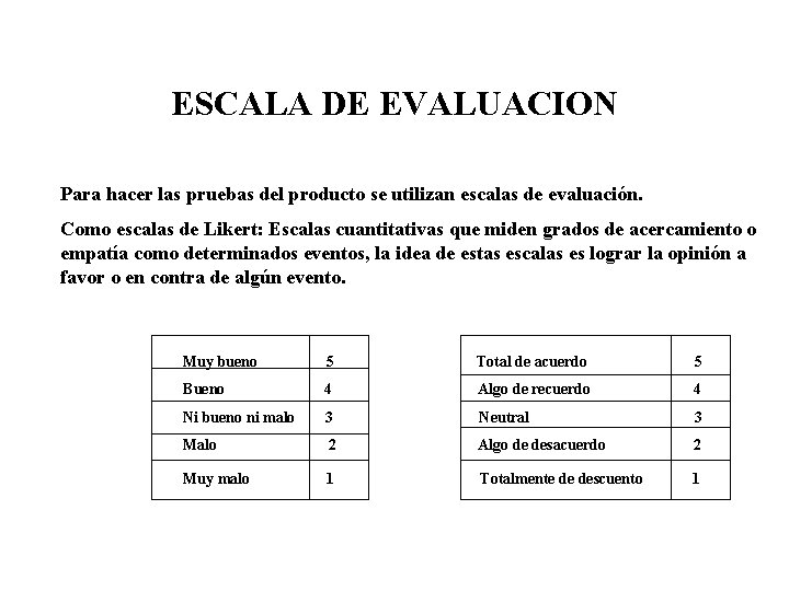 ESCALA DE EVALUACION Para hacer las pruebas del producto se utilizan escalas de evaluación.