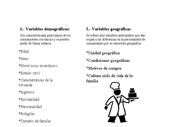 1. - Variables demográficas: 2. - Variables geográficas Son caracteristicaza particulares de los consumidores