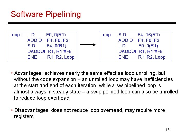 Software Pipelining Loop: L. D F 0, 0(R 1) ADD. D F 4, F