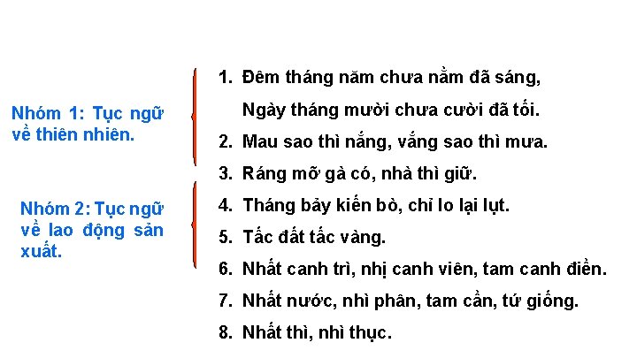 1. Đêm tháng năm chưa nằm đã sáng, Nhóm 1: Tục ngữ về thiên