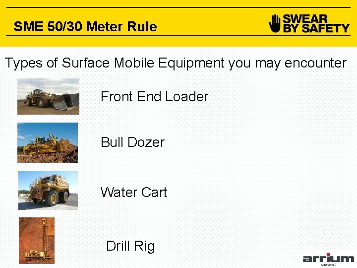 SME 50/30 Meter Rule Types of Surface Mobile Equipment you may encounter Front End