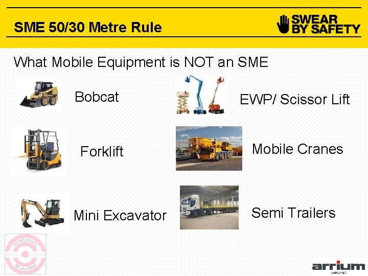 SME 50/30 Metre Rule What Mobile Equipment is NOT an SME Bobcat Forklift Mini