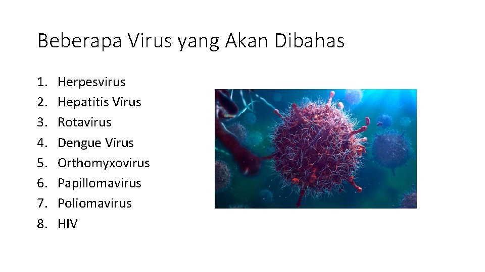 Beberapa Virus yang Akan Dibahas 1. 2. 3. 4. 5. 6. 7. 8. Herpesvirus
