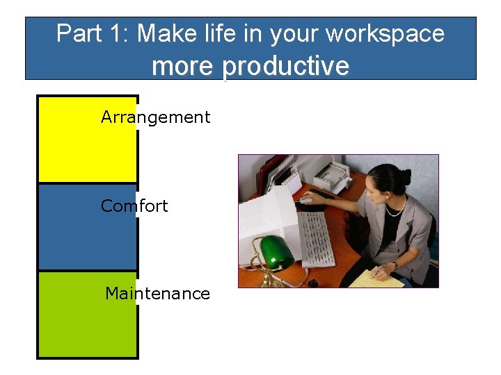 Part 1: Make life in your workspace more productive Arrangement Comfort Maintenance 