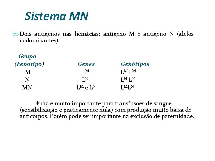 Sistema MN Dois antígenos nas hemácias: antígeno M e antígeno N (alelos codominantes) Grupo