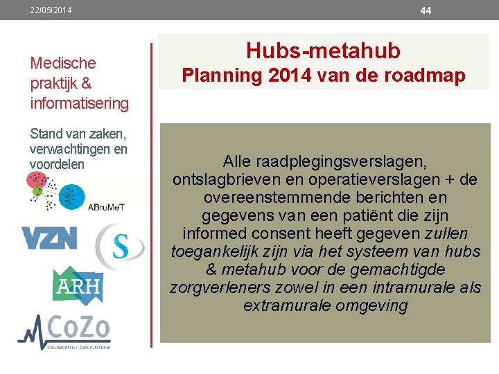 44 22/05/2014 Medische praktijk & informatisering Stand van zaken, verwachtingen en voordelen Hubs-metahub Planning