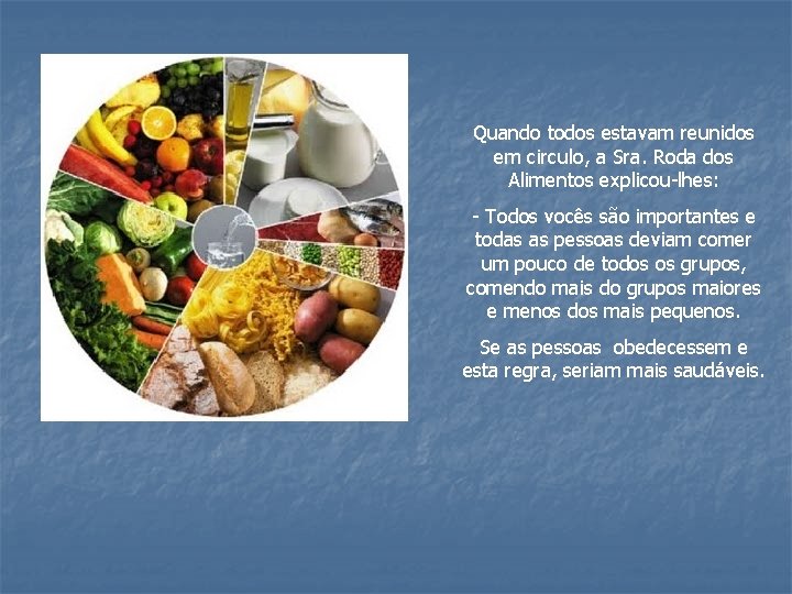 Quando todos estavam reunidos em circulo, a Sra. Roda dos Alimentos explicou-lhes: - Todos