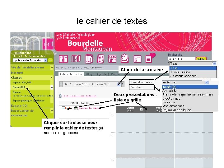 le cahier de textes Choix de la semaine Deux présentations : liste ou grille