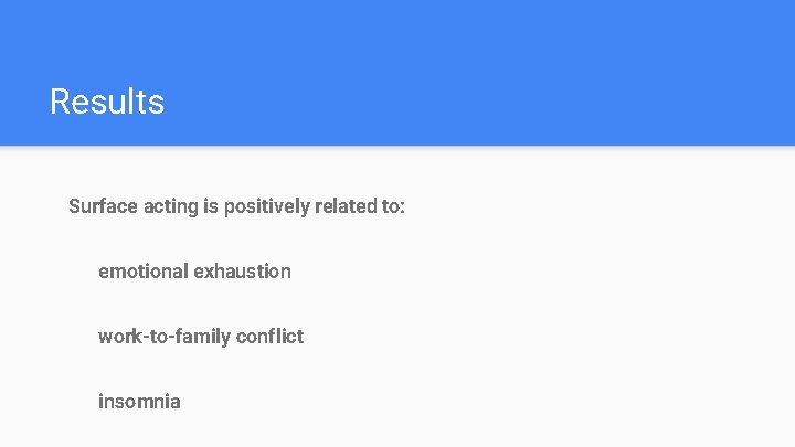 Results Surface acting is positively related to: emotional exhaustion work-to-family conflict insomnia 