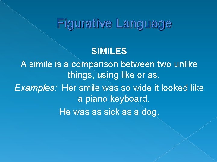 Figurative Language SIMILES A simile is a comparison between two unlike things, using like