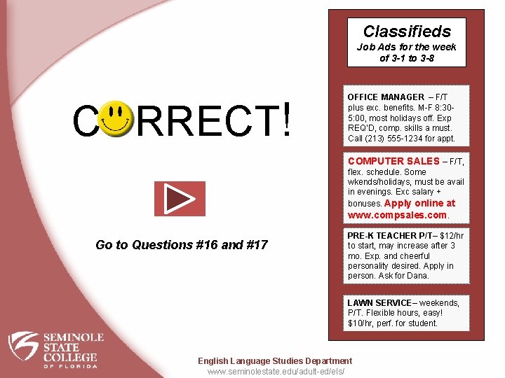 Classifieds Job Ads for the week of 3 -1 to 3 -8 CORRECT! OFFICE Classifieds Job Ads for the week of 3 -1 to 3 -8 CORRECT! OFFICE