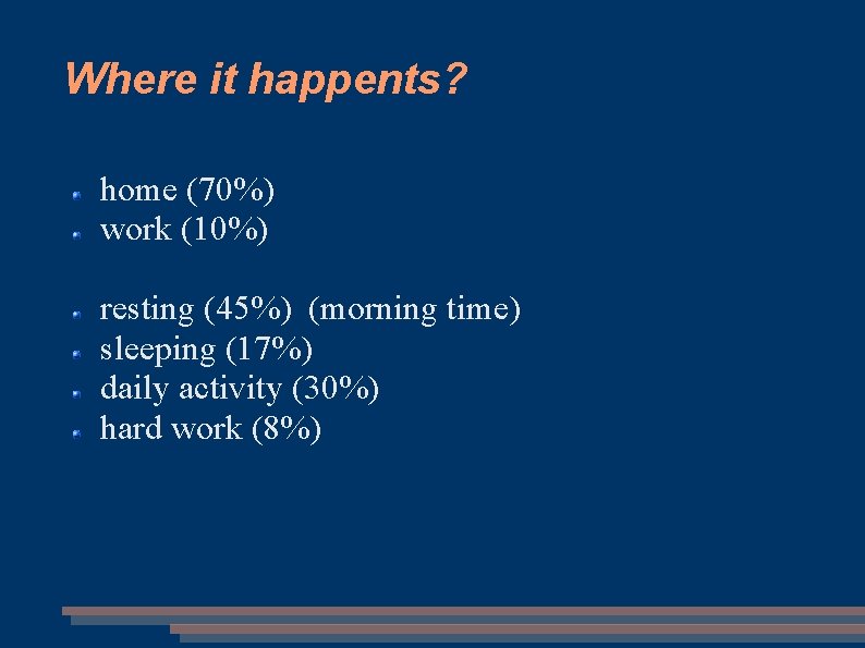 Where it happents? home (70%) work (10%) resting (45%) (morning time) sleeping (17%) daily