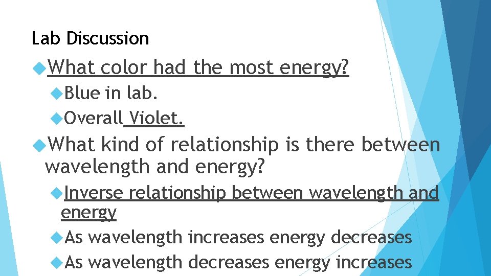 Lab Discussion What color had the most energy? Blue in lab. Overall Violet. What