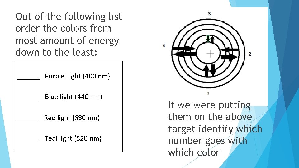 Out of the following list order the colors from most amount of energy down