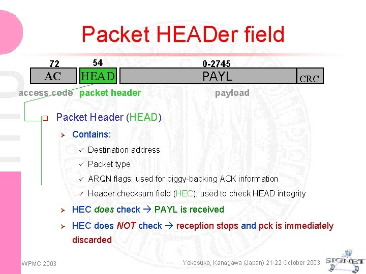 Packet HEADer field 72 54 AC HEAD access code packet header q 0 -2745