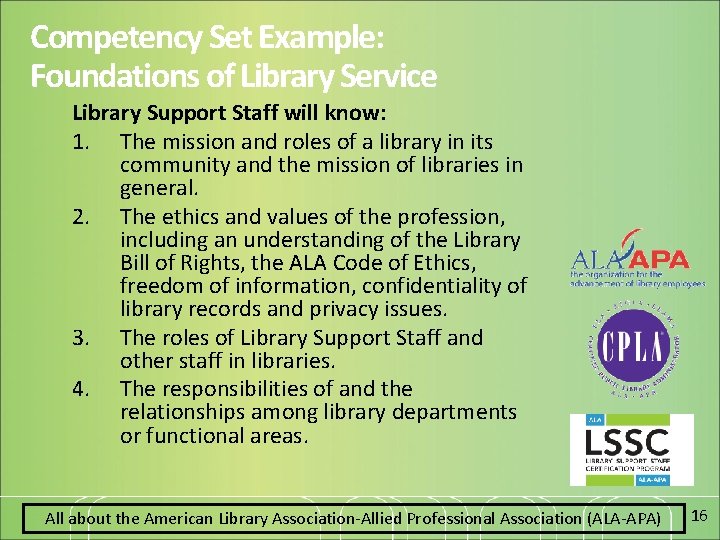 Competency Set Example: Foundations of Library Service Library Support Staff will know: 1. The
