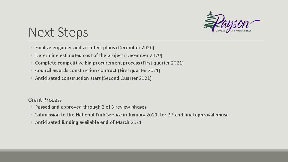 Next Steps • • • Finalize engineer and architect plans (December 2020) Determine estimated