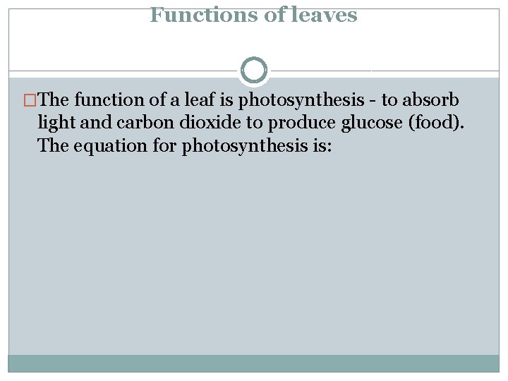 Functions of leaves �The function of a leaf is photosynthesis - to absorb light