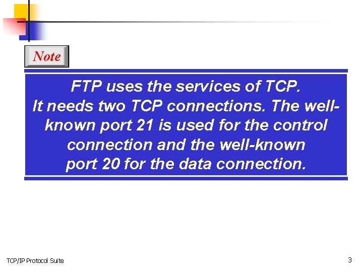 Note FTP uses the services of TCP. It needs two TCP connections. The wellknown
