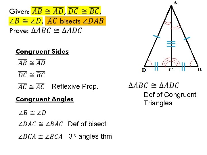 Congruent Sides Reflexive Prop. Congruent Angles Def of bisect 3 rd angles thm Def