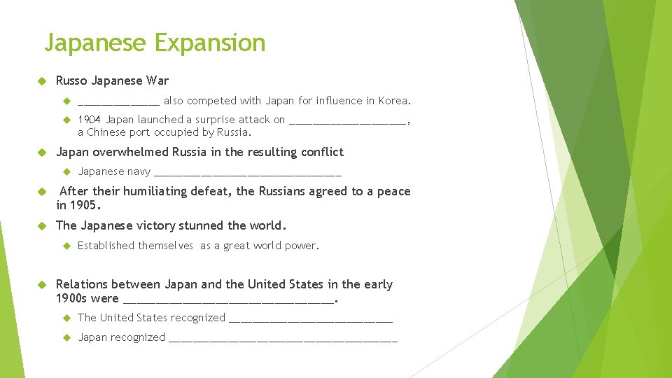 Japanese Expansion Russo Japanese War _______ also competed with Japan for influence in Korea.