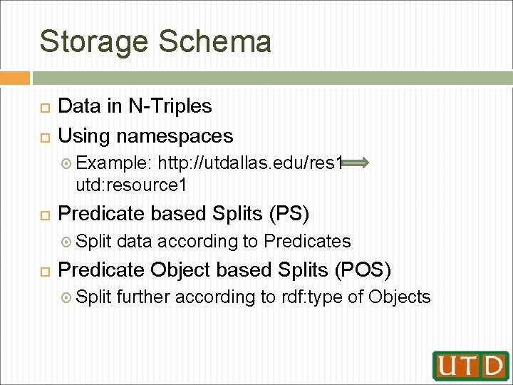 Storage Schema Data in N-Triples Using namespaces Example: http: //utdallas. edu/res 1 utd: resource