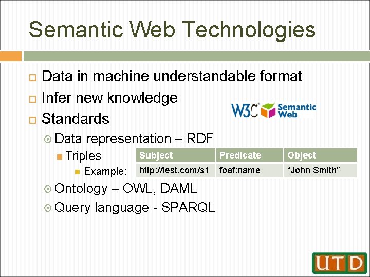 Semantic Web Technologies Data in machine understandable format Infer new knowledge Standards Data representation