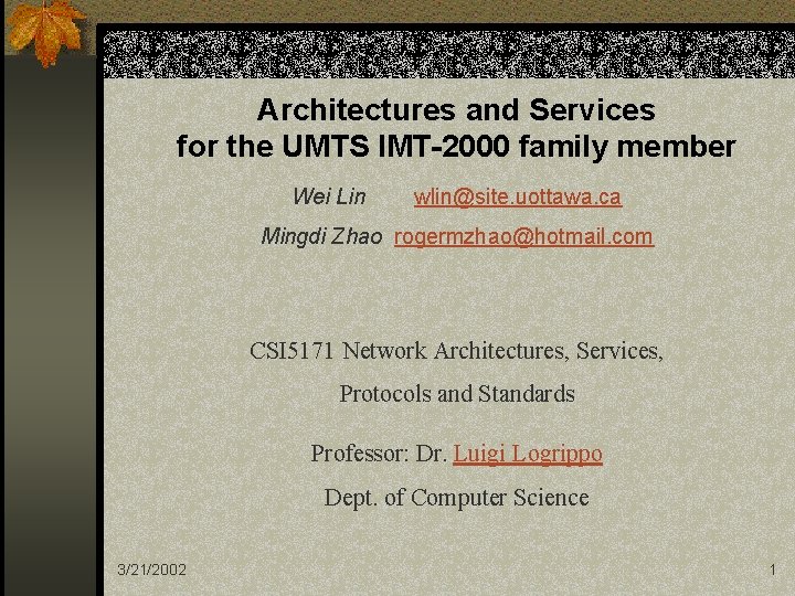 Architectures and Services for the UMTS IMT-2000 family member Wei Lin wlin@site. uottawa. ca