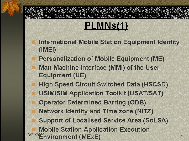 Other services supported by PLMNs(1) n International Mobile Station Equipment Identity (IMEI) n Personalization