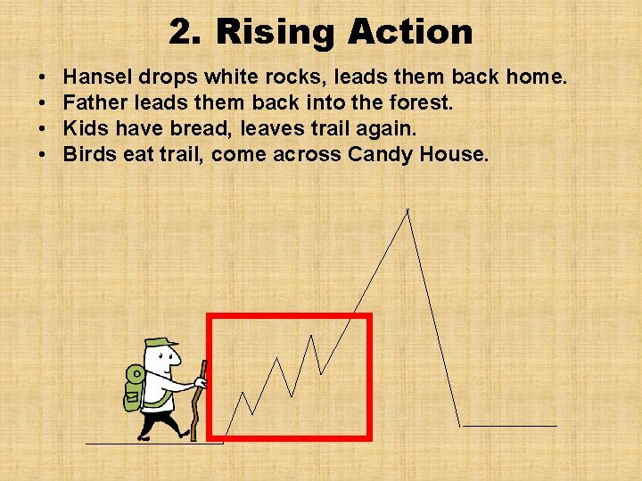 2. Rising Action • • Hansel drops white rocks, leads them back home. Father