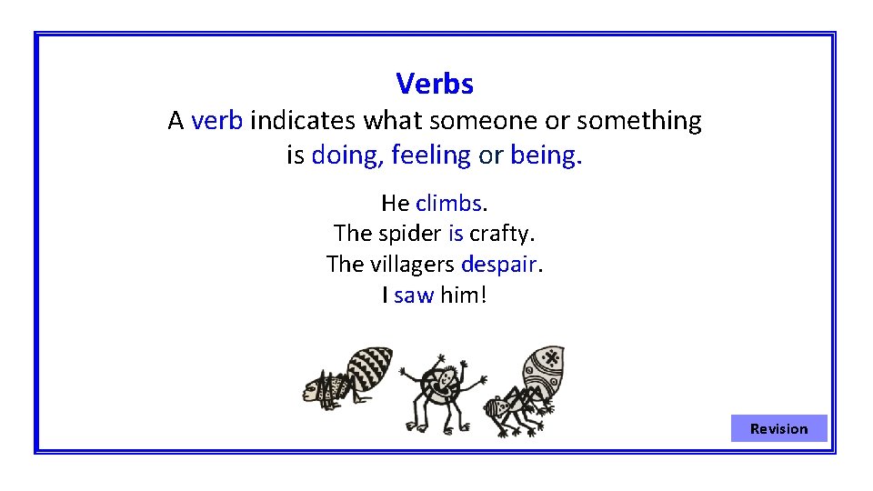 Verbs A verb indicates what someone or something is doing, feeling or being. He