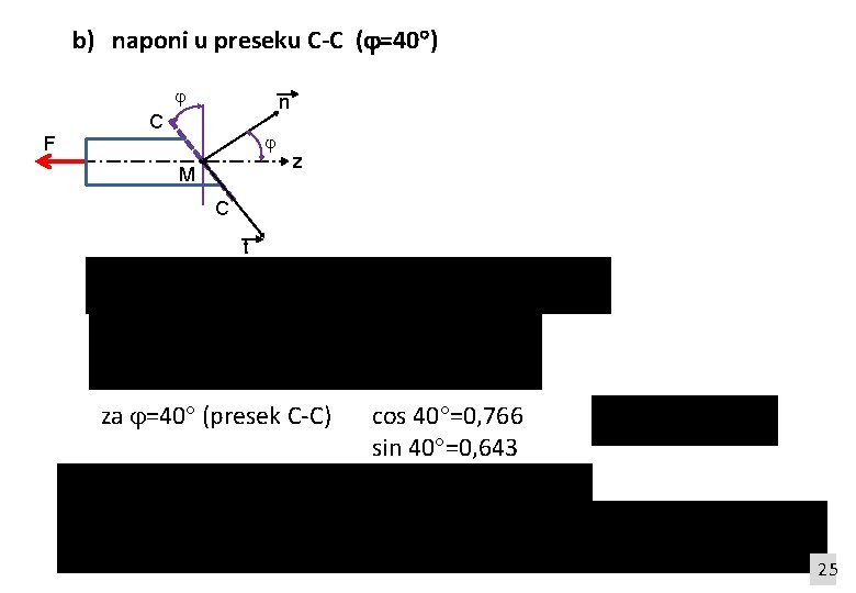 b) naponi u preseku C-C ( =40 ) F n C M z C