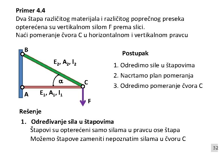 Primer 4. 4 Dva štapa različitog materijala i različitog poprečnog preseka opterećena su vertikalnom