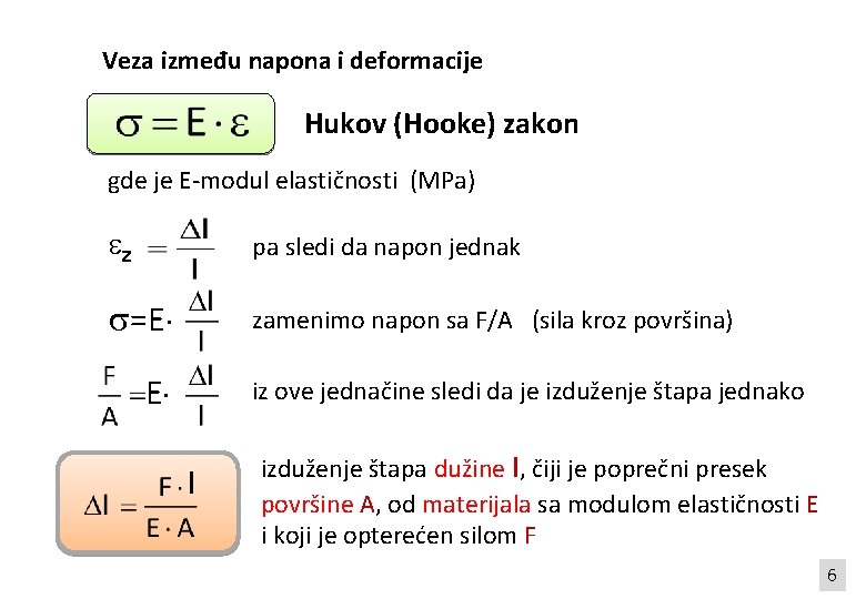 Veza između napona i deformacije Hukov (Hooke) zakon gde je E-modul elastičnosti (MPa) z