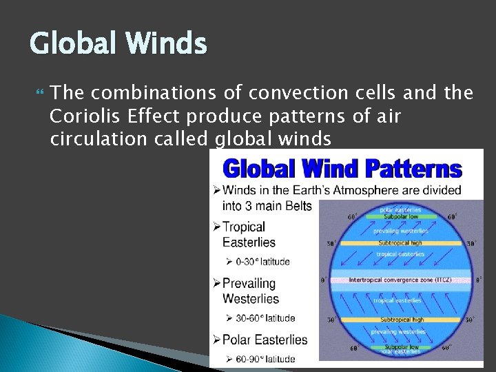 Global Winds The combinations of convection cells and the Coriolis Effect produce patterns of
