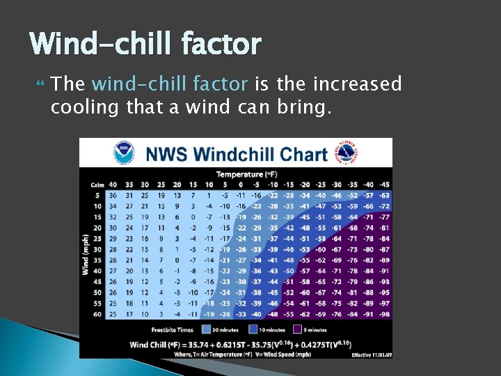 Wind-chill factor The wind-chill factor is the increased cooling that a wind can bring.