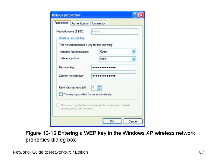 Figure 12 -16 Entering a WEP key in the Windows XP wireless network properties