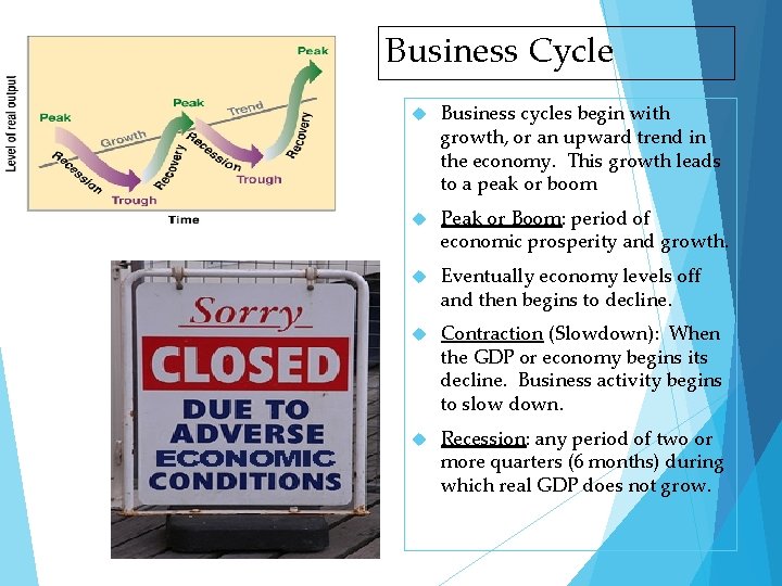 Business Cycle Business cycles begin with growth, or an upward trend in the economy.