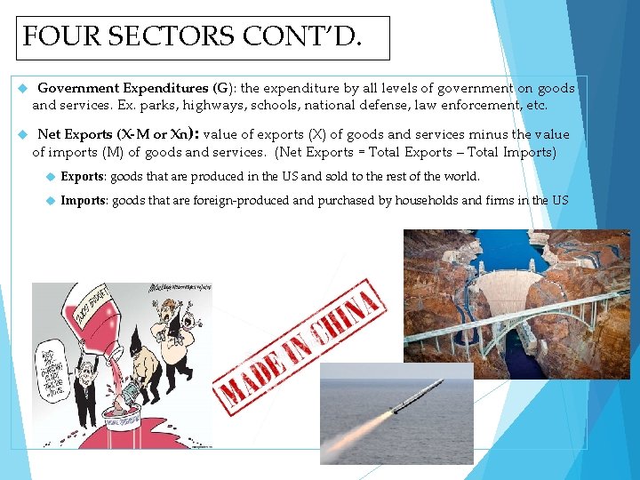 FOUR SECTORS CONT’D. Government Expenditures (G): the expenditure by all levels of government on