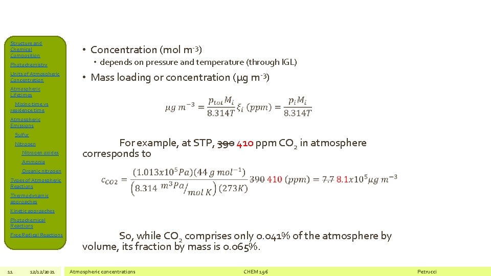 Structure and Chemical Composition Photochemistry Units of Atmospheric Concentration • Concentration (mol m-3) •