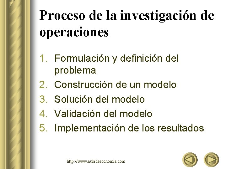 Proceso de la investigación de operaciones 1. Formulación y definición del problema 2. Construcción