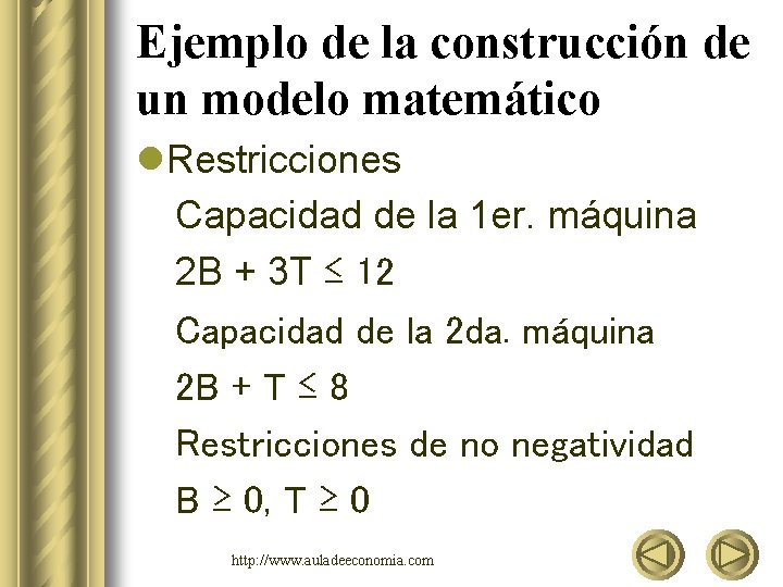 Ejemplo de la construcción de un modelo matemático l. Restricciones Capacidad de la 1