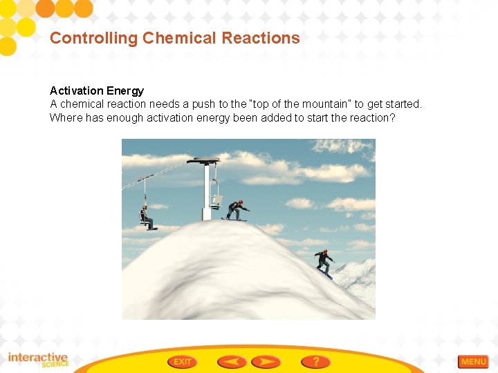 Controlling Chemical Reactions Activation Energy A chemical reaction needs a push to the “top