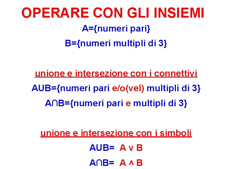 OPERARE CON GLI INSIEMI A={numeri pari} B={numeri multipli di 3} unione e intersezione con