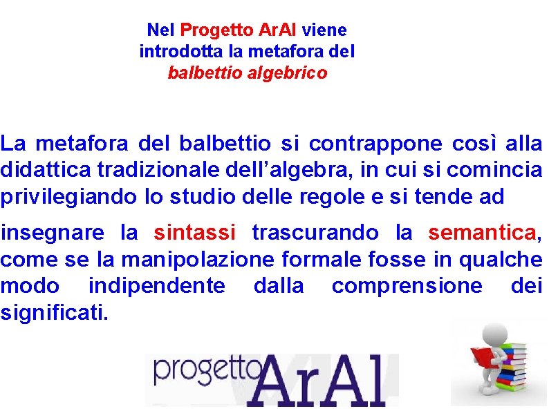 Nel Progetto Ar. Al viene introdotta la metafora del balbettio algebrico La metafora del