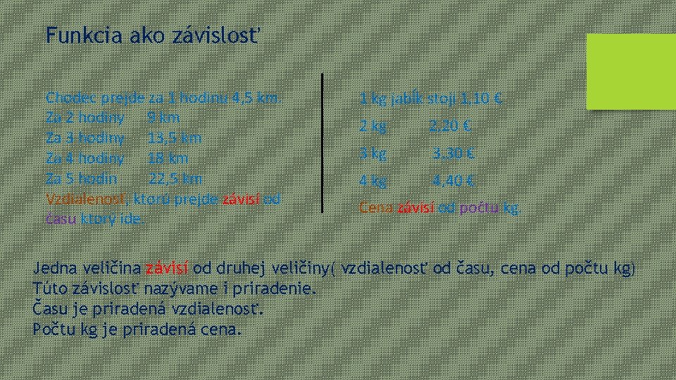 Funkcia ako závislosť Chodec prejde za 1 hodinu 4, 5 km. Za 2 hodiny